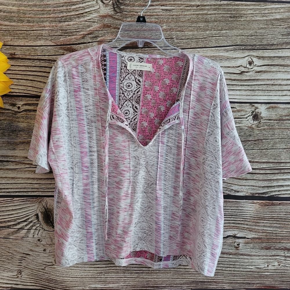 "Lucky Brand " Woman's Pullover Top Size: medium pink/brown multicolored NWT
